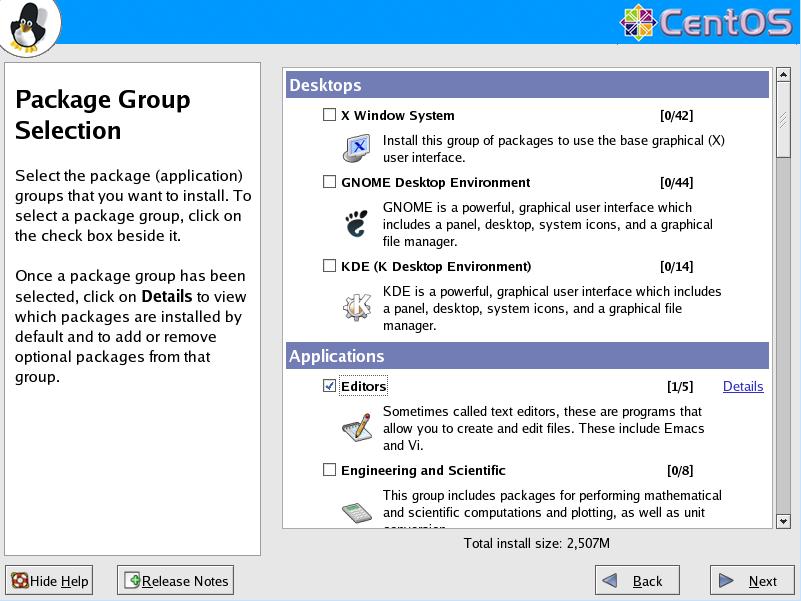 CentOS4.5 英語版 Package Group Selection GUI1