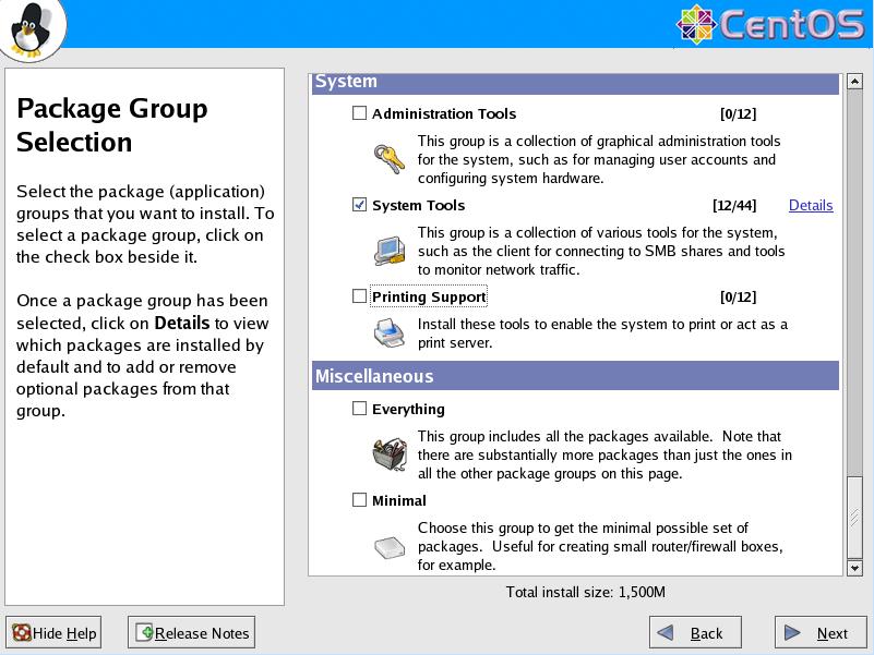 CentOS4.5 英語版 Package Group Selection GUI6
