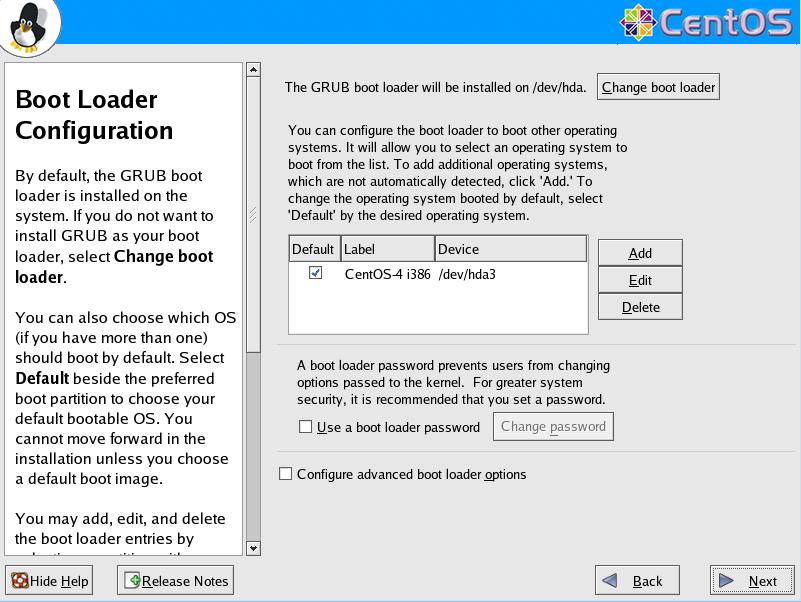 CentOS4.5 英語版 Boot Loader Configuration GUI